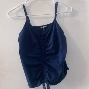 dark blue scrunch top that ties in the front